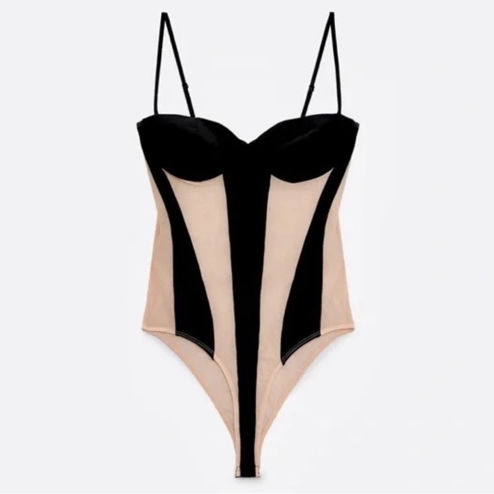 Zara Mesh Sheer Combination Tulle Bodysuit Sz XS